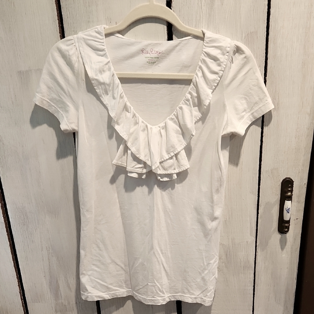 Lilly Pulitzer 100% Pima Cotton White Ruffled V-Neck Top Size XS